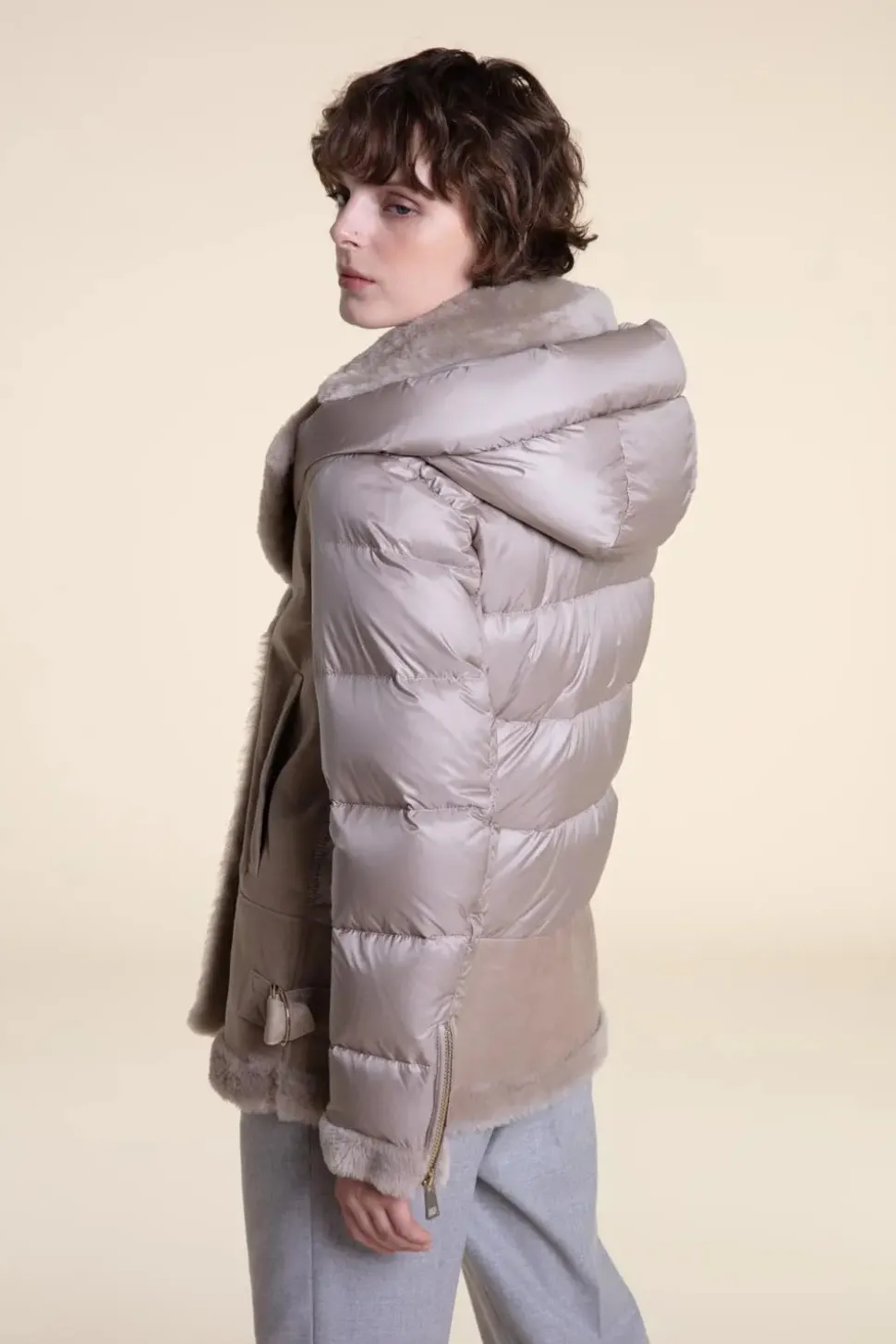 Shearling jacket with down sleeves