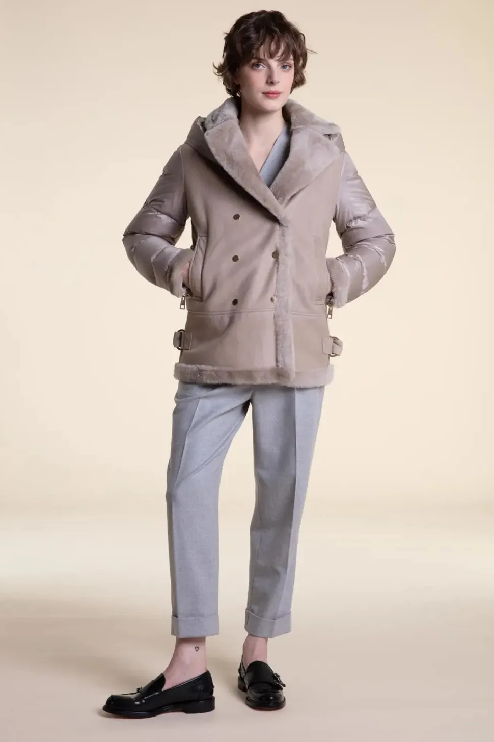 Shearling jacket with down sleeves