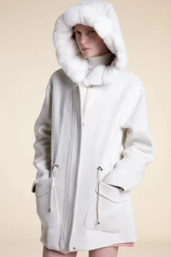 White winter coat with fur hood