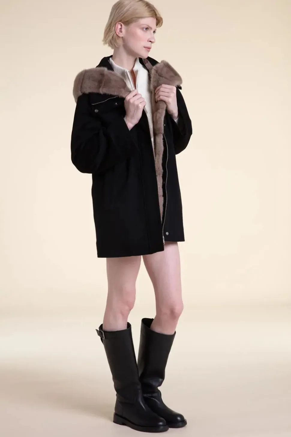 Womens black parka with fur hood