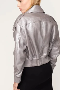 Womens leather bomber jacket with fur collar