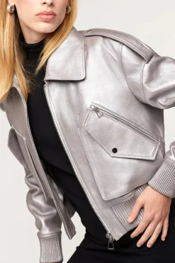 Womens leather bomber jacket with fur collar