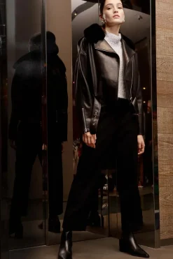 Womens leather jacket with fur collar