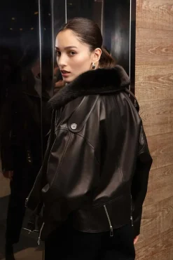 Womens leather jacket with fur collar