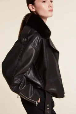 Womens leather jacket with fur collar