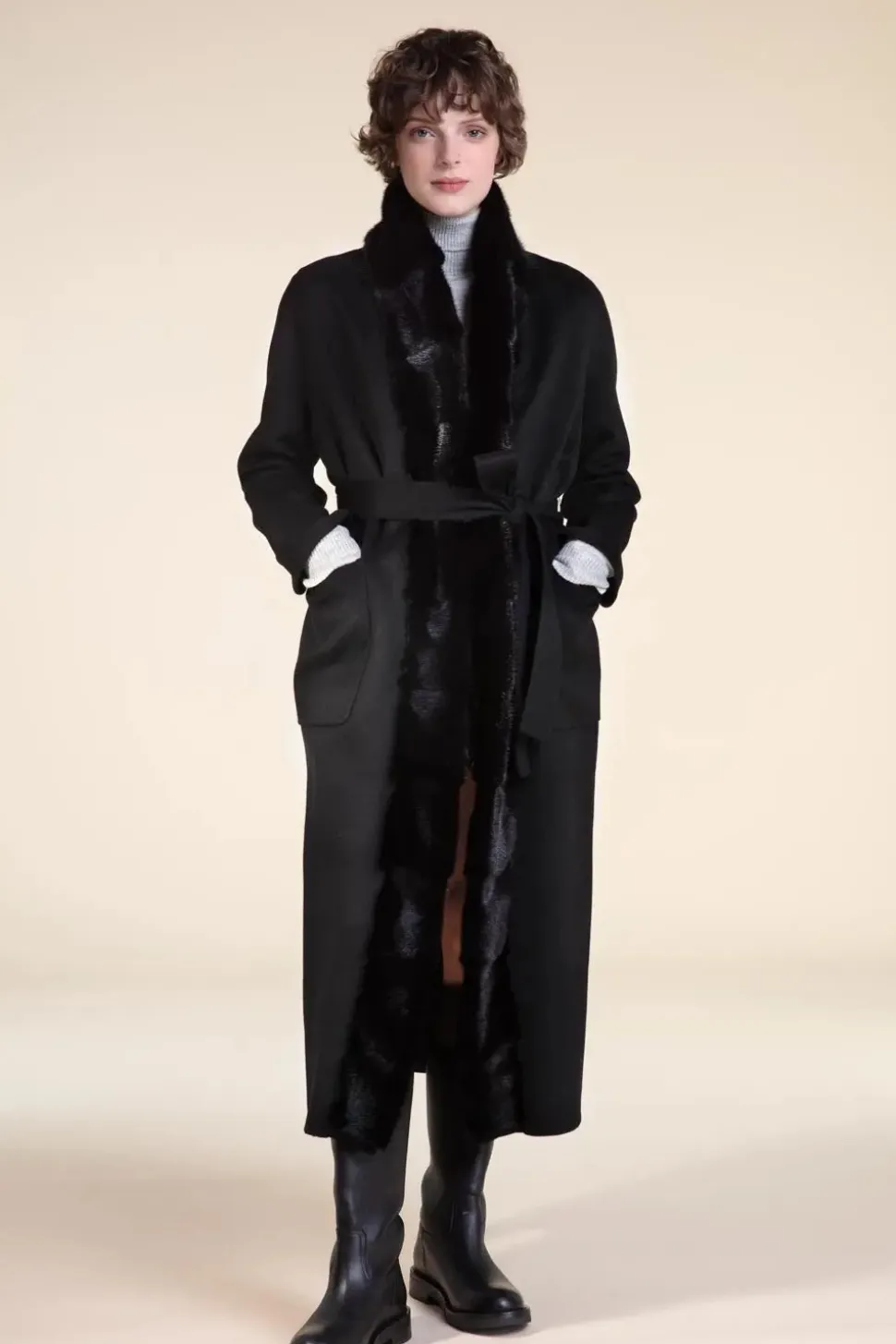 Womens long coat with black fur trimming