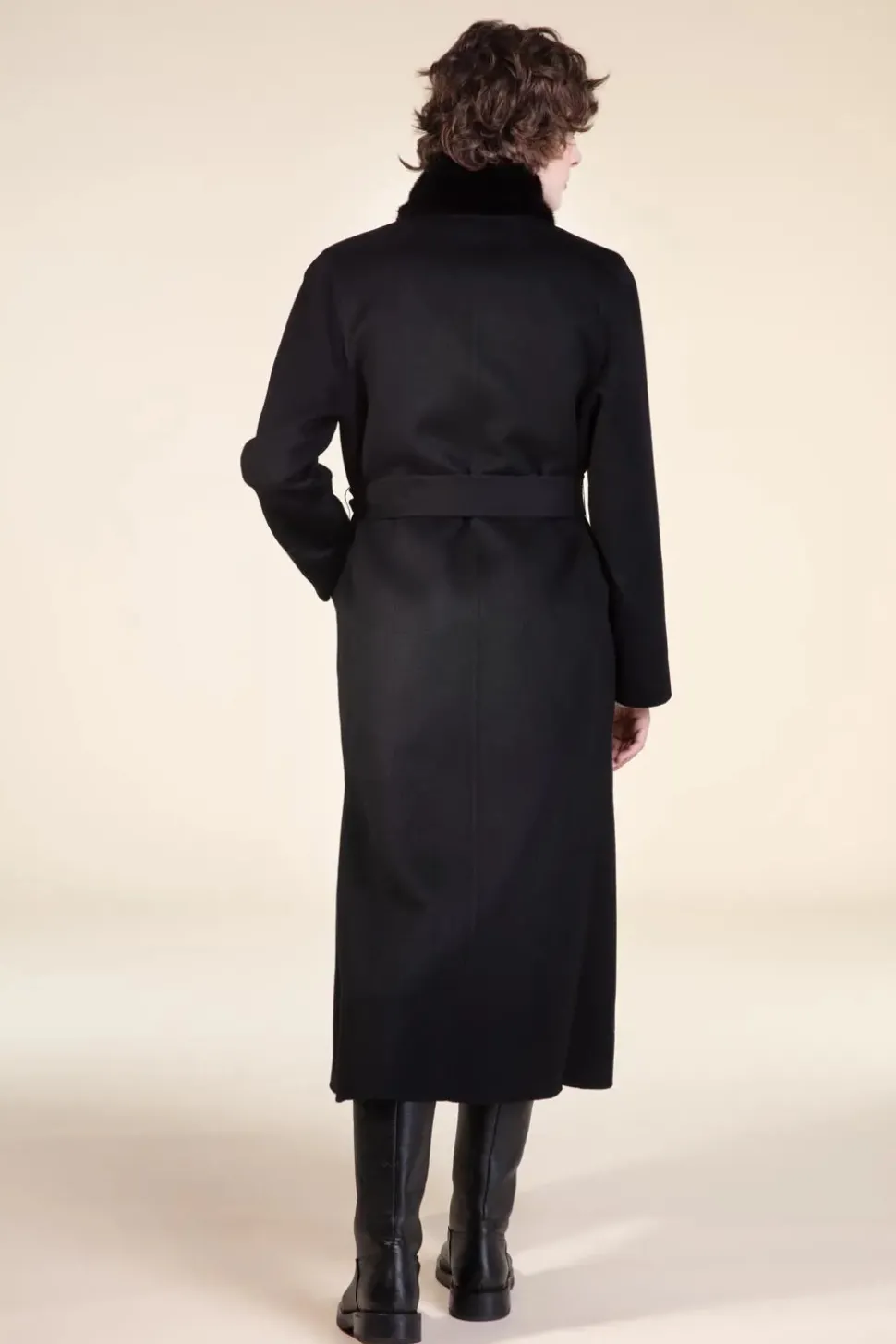 Womens long coat with black fur trimming