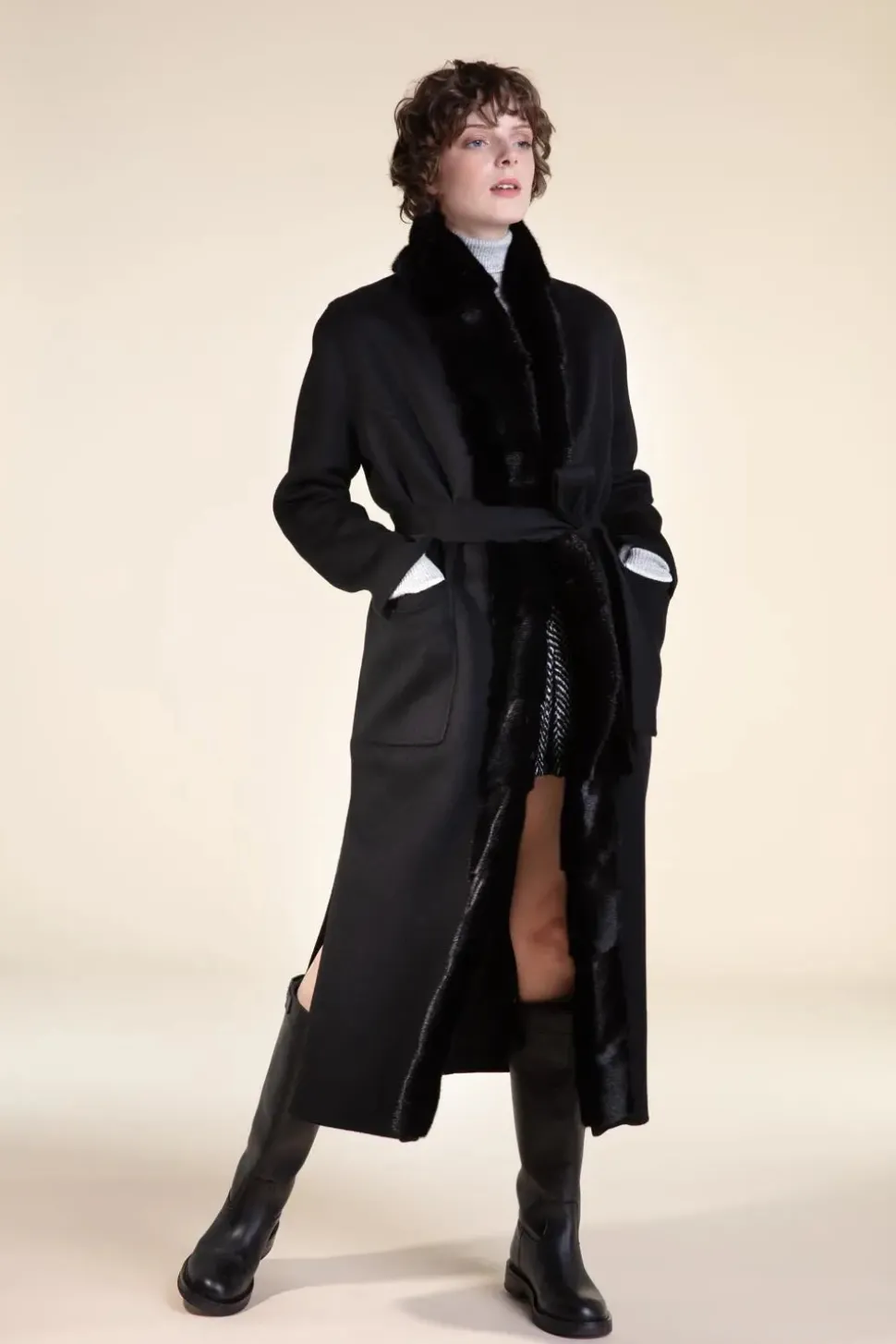 Womens long coat with black fur trimming